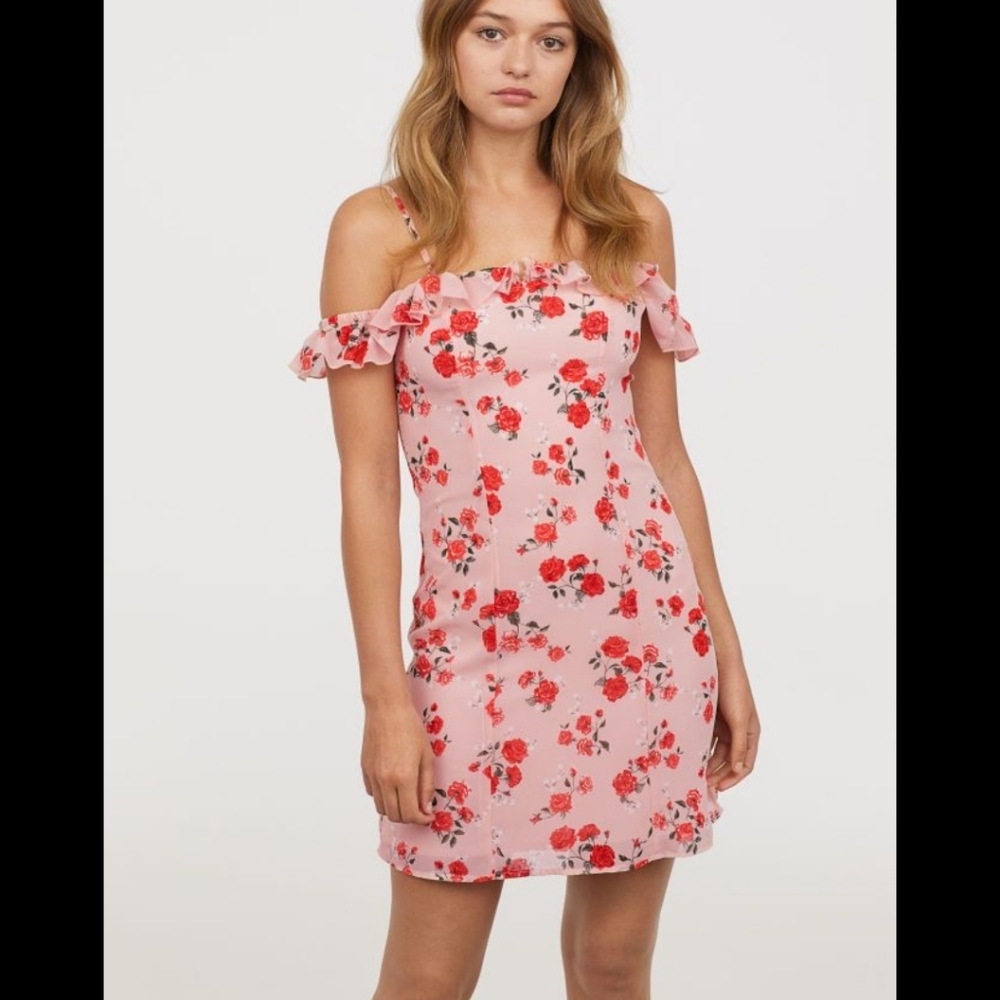 H&M pink floral open shoulder dress